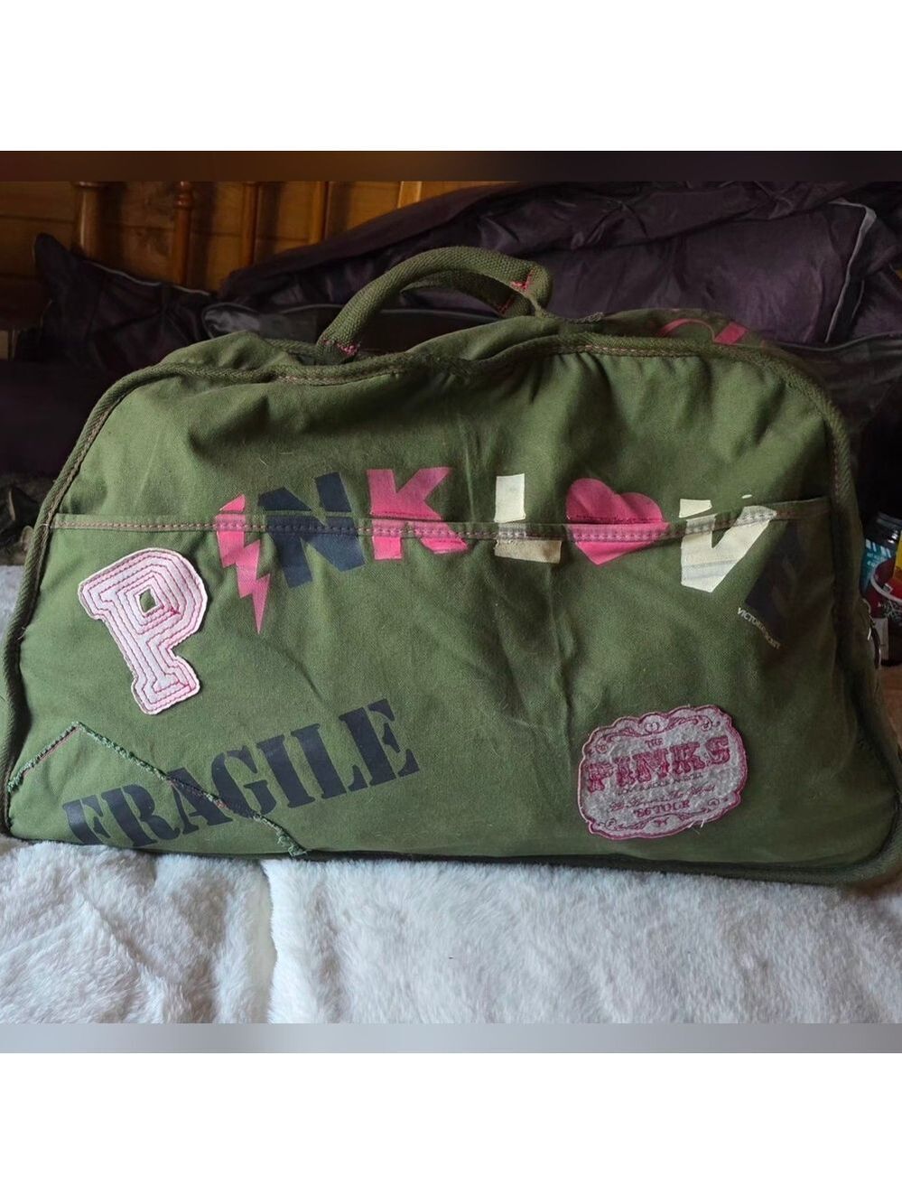 PINK Olive Green and Pink Graphic Weekend Duffel *Rare*